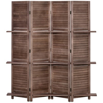 Dark Wood 4-Panel Folding Room Divider with Shelves