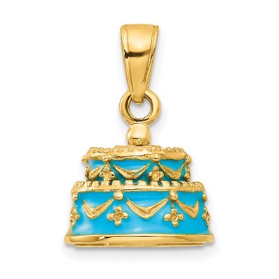 Black Bow Jewelry 14k Yellow Gold Light Blue Enameled Happy Birthday Cake Pendant, 12mm
