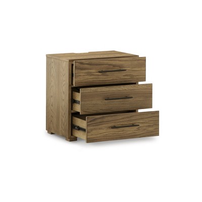 Brown Oak Veneer 3-Drawer Nightstand with Black Iron Pulls