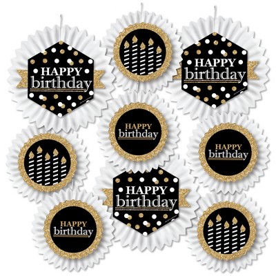 Big Dot of Happiness Adult Happy Birthday - Gold - Hanging Birthday Party Tissue Decoration Kit - Paper Fans - Set of 9