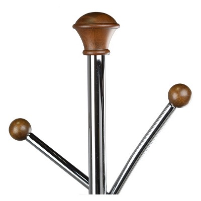 68" Chrome and Walnut Freestanding Metal Coat Rack with 6 Hooks