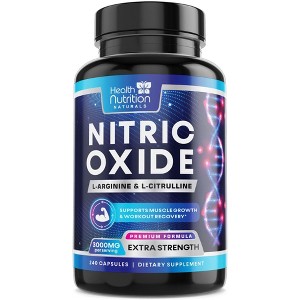 Extra Strength Nitric Oxide Supplement 3X Strength L Arginine, Citrulline Malate, AAKG, Beta Alanine - 240 Capsules By Health Nutrition Naturals - 1 of 4