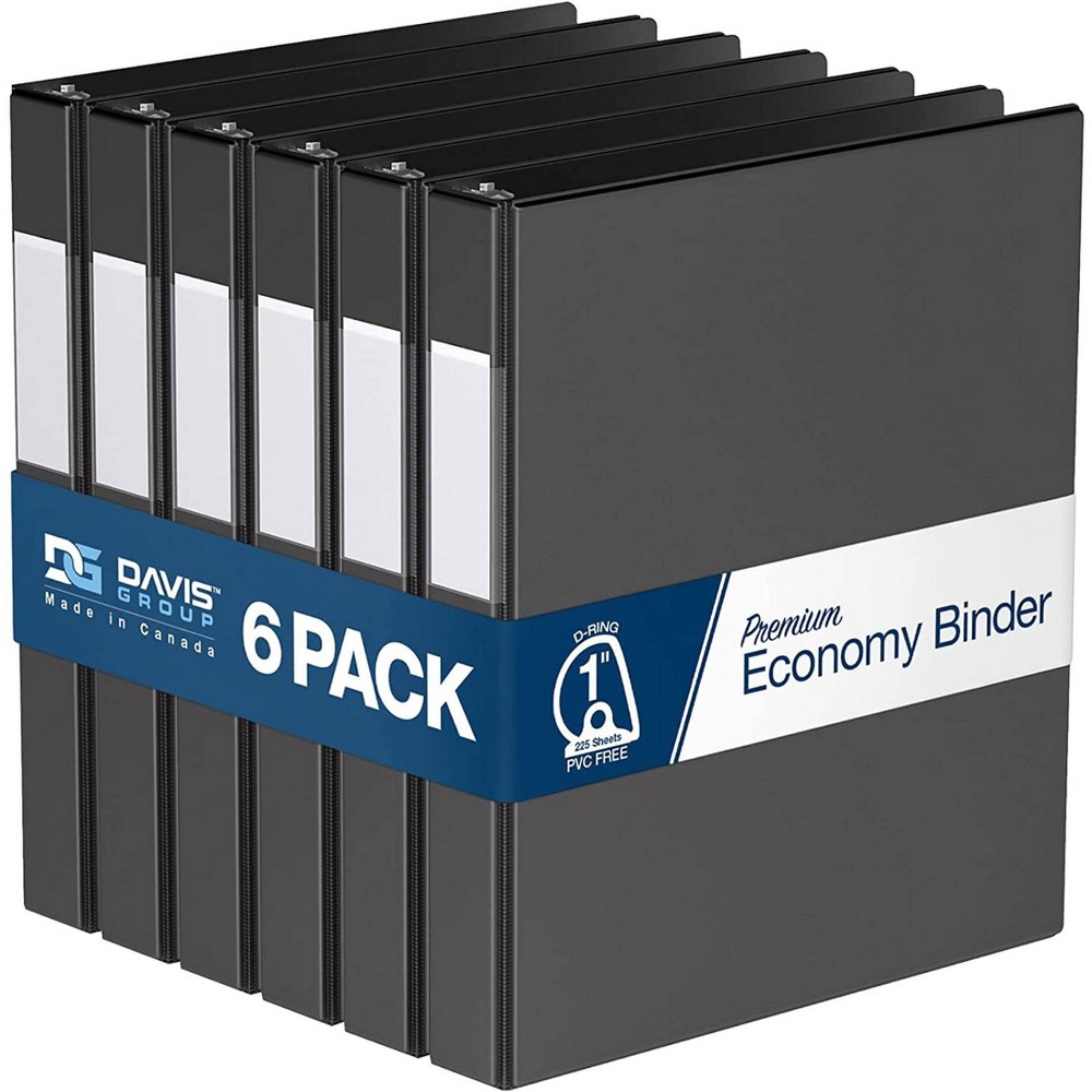 Davis Group 6pk 1" Premium Economy Round Ring Binders Black: Hard Cover, 225 Sheet Capacity, 2 Pockets, Polypropylene