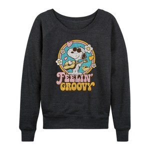 Women's - Peanuts - Feelin Groovy Snoopy And Woodstock Lightweight French Terry Wide Neck Long Sleeve Shirt - 1 of 4