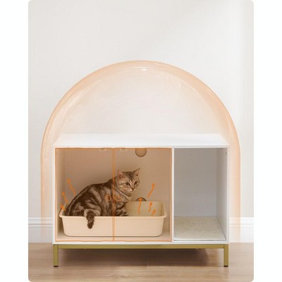 Modern White and Gold Cat Litter Box Enclosure with Scratching Mat