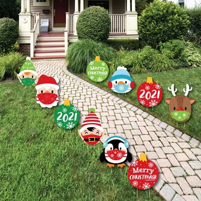 Big Dot of Happiness Merry Christmask - Santa Elf Reindeer Penguin Snowman Lawn Decor - Outdoor 2021 Quarantine Christmas Party Yard Decor - 10 Piece