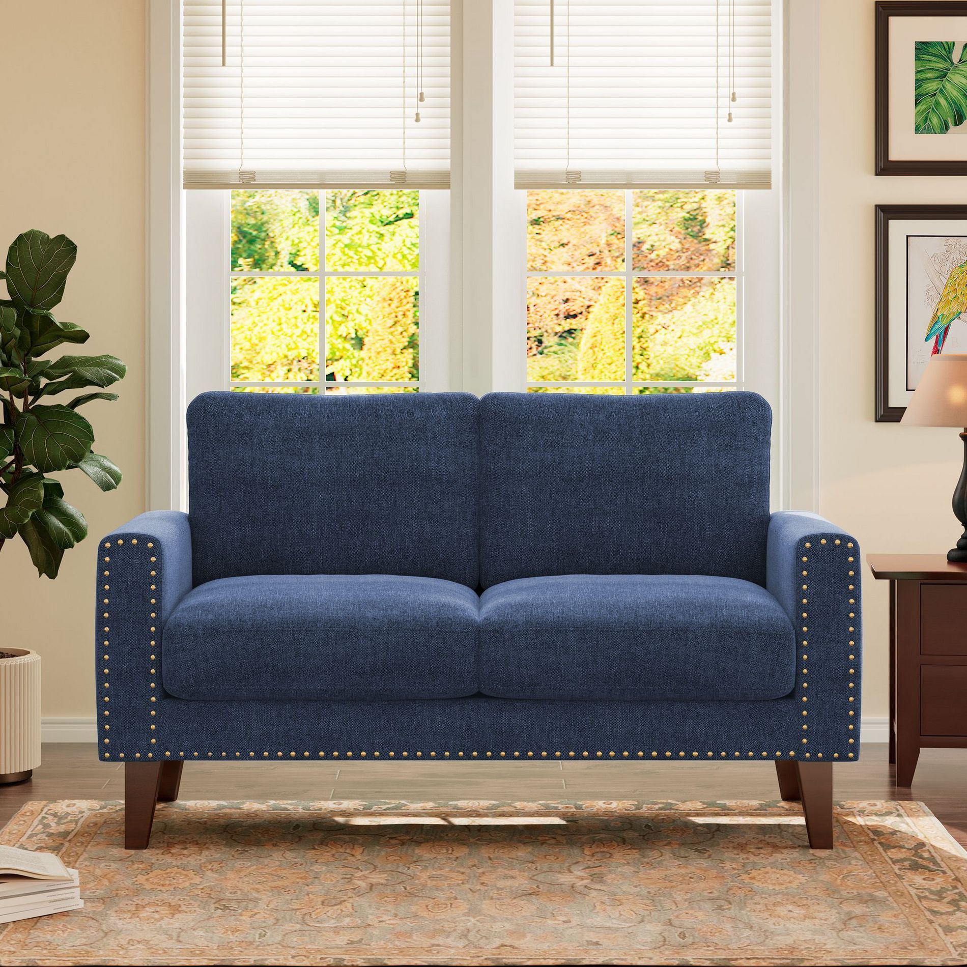 Hyleory 57.48'' Upholstered Linen Nailhead Loveseat Sofa with Solid Wood Legs in Navy