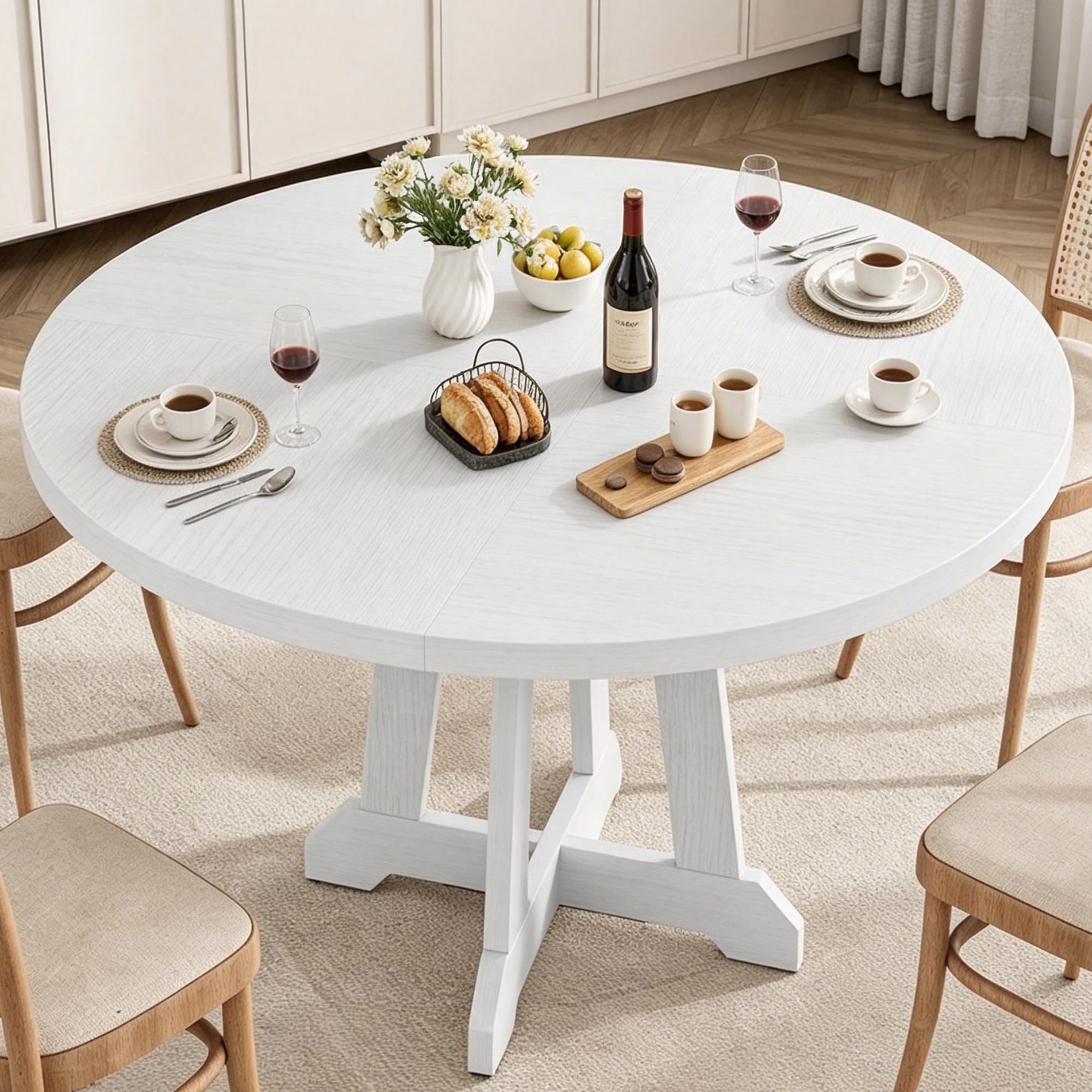 Round Dining Table for 4, 47 Inches Circle Dining Room Table with Wooden Base for Kitchen, Living Room (Table Only), White