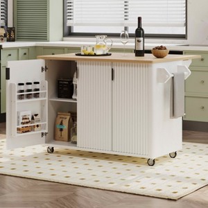 MAYEERTY White Ash 51" Farmhouse Fluted Kitchen Island with Drop Leaf, Rolling Cart Internal Rack Towel Rack for Dining Room - 1 of 4