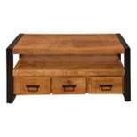 3 Drawer Wooden Farmhouse Coffee Table with Open Shelf and Metal Frame Brown/Black - The Urban Port