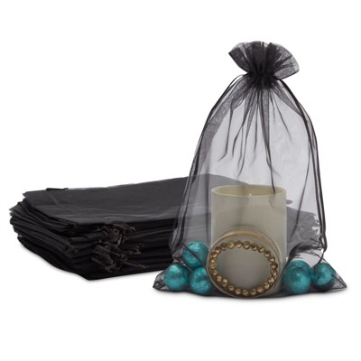 Sparkle and Bash 100 Pack Black Organza Bags with Drawstring for Gifts, Party Favors (5x12 In)