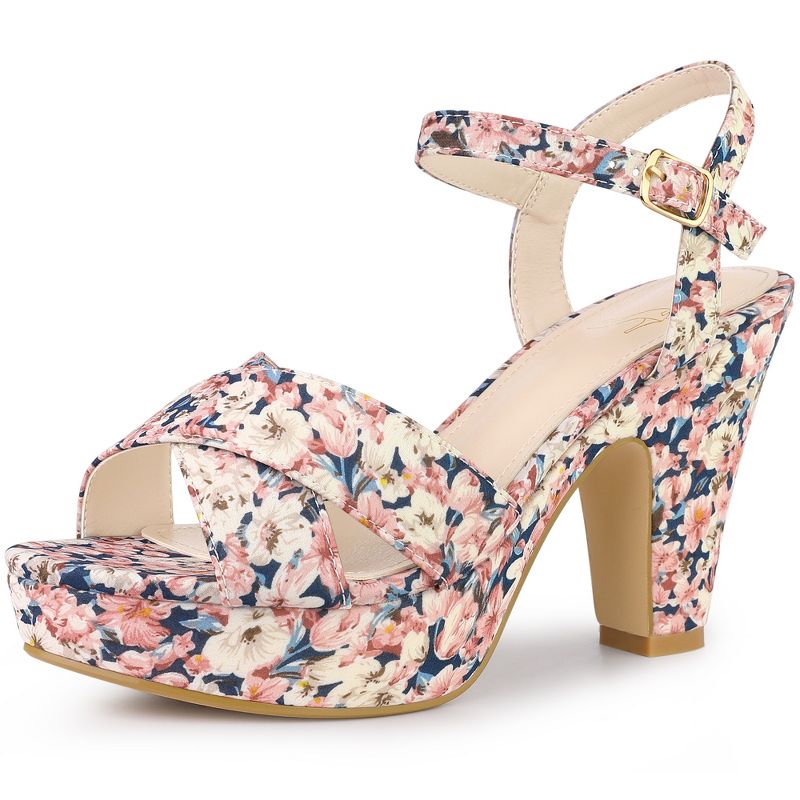 Perphy Women's Floral Platform Slingback Chunky High Heels Sandals, 1 of 4