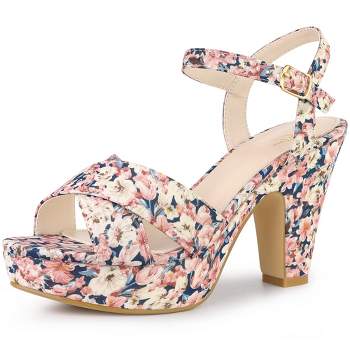 Perphy Women's Floral Platform Slingback Chunky High Heels Sandals