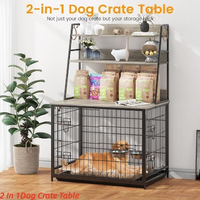 Indoor 57 Inch Dog Crate Furniture for Large & Medium Dogs, Wooden Dog Kennel with Storage Shelves, Removable Tray & Adjustable Feeding Bowls