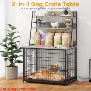 Indoor 57 Inch Dog Crate Furniture for Large & Medium Dogs, Wooden Dog Kennel with Storage Shelves, Removable Tray & Adjustable Feeding Bowls - 1 of 4