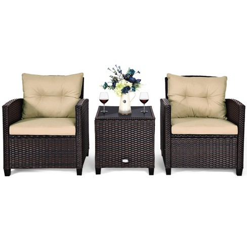 Costway 3pcs outdoor patio mix brown online rattan wicker furniture set with beige cushions