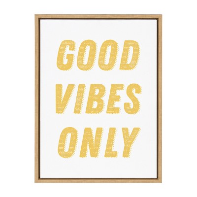 Good Vibes Only Yellow Canvas Motivational Print with Natural Frame