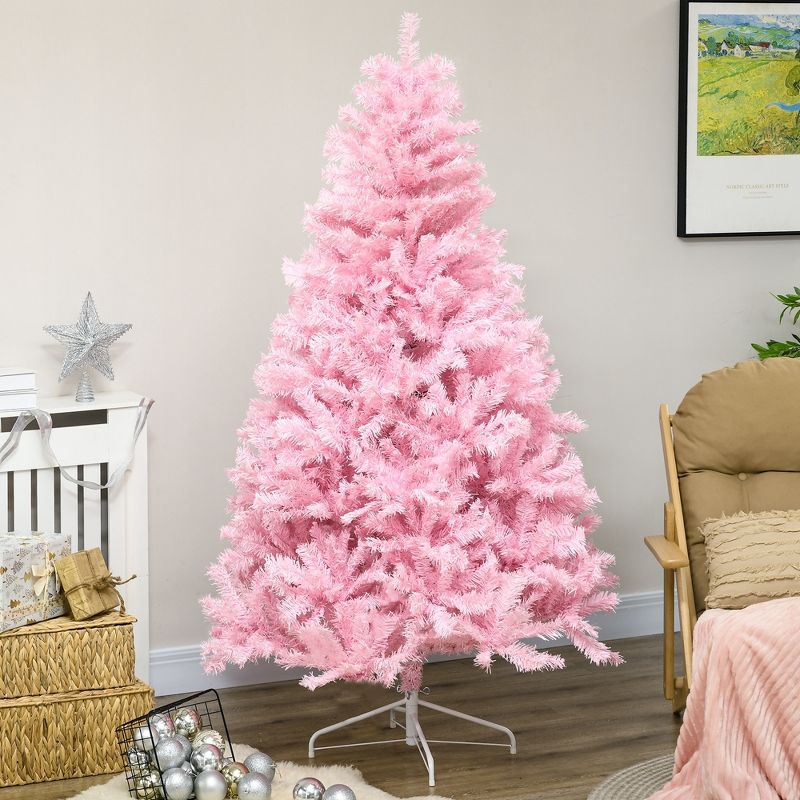 HOMCOM 6 FT Artificial Christmas Tree Holiday Decoration with Auto Open, Steel Base, Wide Shape, Pink, 2 of 7