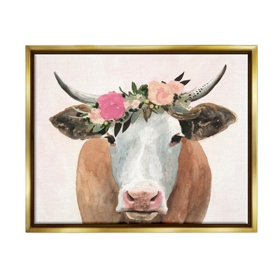 Stupell Industries Springtime Flower Crown Farm Cow with Horns