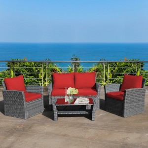 Costway 4PCS Patio Rattan Furniture Set Sofa Table W/Storage Shelf Red\Gray Cushion - 1 of 4