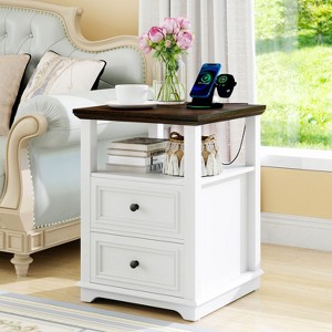 MUUEGM 18.1" Farmhouse Night Stand| Rustic Wood End Table with Charging Station, Open Shelf, 2 Storage Drawers - 1 of 4