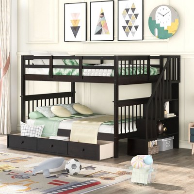 NicBex Full over Full Bunk Bed Wooden Bed Frame with 3 Drawers, Storage Stairs and Full Length Guardrail, No Box Spring Required