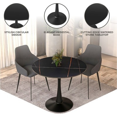 Bristol 35" Round Black Sintered Stone Dining Table with Steel Base