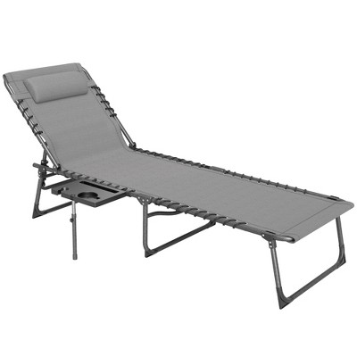 Outsunny Folding Chaise Lounge Chair Outdoor Tanning Chair with 5-Level Adjustable Back, Side Table, Pillow, Pocket for Yard, Beach, Pool, Gray