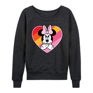 Women's - Disney - Minnie Mouse Rainbow Heart Lightweight French Terry Wide Neck Long Sleeve Shirt - 1 of 4