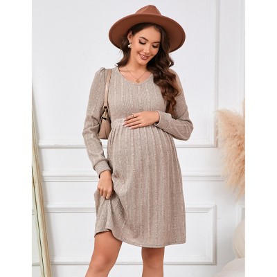 Women's Maternity V Neck Dress Long Sleeve Rib Knit Midi Dress Photoshoot Baby Shower Sweater Fall Dresses