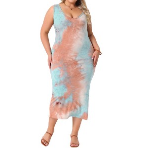 Agnes Orinda Women's Plus Size Side Slits Bodycon Sleeveless Tie Dye Midi Dress - 1 of 4