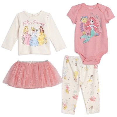 Image of Disney Princess Ariel Cinderella Aurora Newborn Baby Girls Bodysuit T-Shirt Tulle Mesh Skirt and Leggings 4 Piece Layette Set Pink/White 0-3 Months
