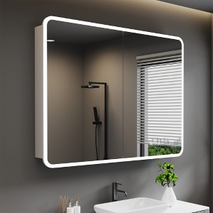 HBEZON LED Medicine Cabinet with Lights and Mirrors, Recess/Wall Mount Bathroom Cabinet, 3 Mode Lights, Dimmable, Anti-Fog, Silver - 1 of 4