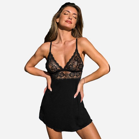 Women's Black Scalloped Lace Nightgown One Piece Pajamas - Cupshe : Target