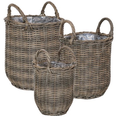 Sunnydaze Decorative Round Indoor Polyrattan Basket Flower Planters with Handles - 8.75", 10.5", and 12.75" Diameter - Gray - 3-Piece Set