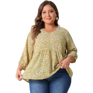 Agnes Orinda Women's Plus Size V Neck Babydoll 3/4 Lantern Sleeve Casual Floral Flowy Blouses - 1 of 4
