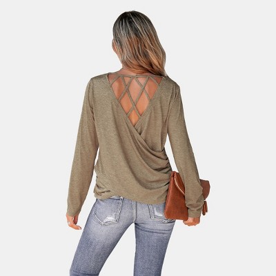 Women's Marled Knit Caged Back Pullover Tee - Cupshe-xl-light Brown : Target