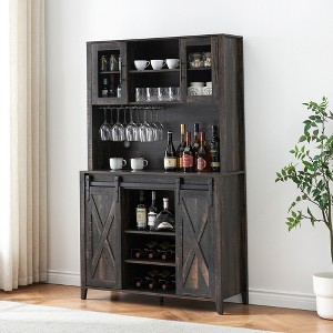 70" Farmhouse Wine Bar Cabinet - Coffee Station with Sliding Barn Doors & Glass Rack - 1 of 4