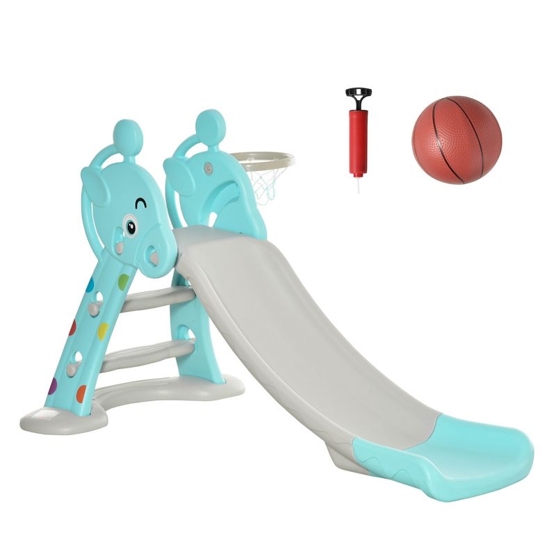 Qaba 2 in 1 Kids Slide with Basketball Hoop Toddler Freestanding Slider Playset for Indoor/Outdoor Use Slipping Climber Playground Set Ages 1.5-4 Blue, 5 of 10