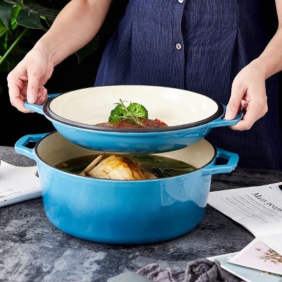 Blue Enameled Cast Iron Dutch Oven with Skillet Lid, 7 Quart