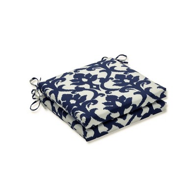 Damask 2pc Outdoor Square Seat Cushion Set Blue/White - Pillow Perfect
