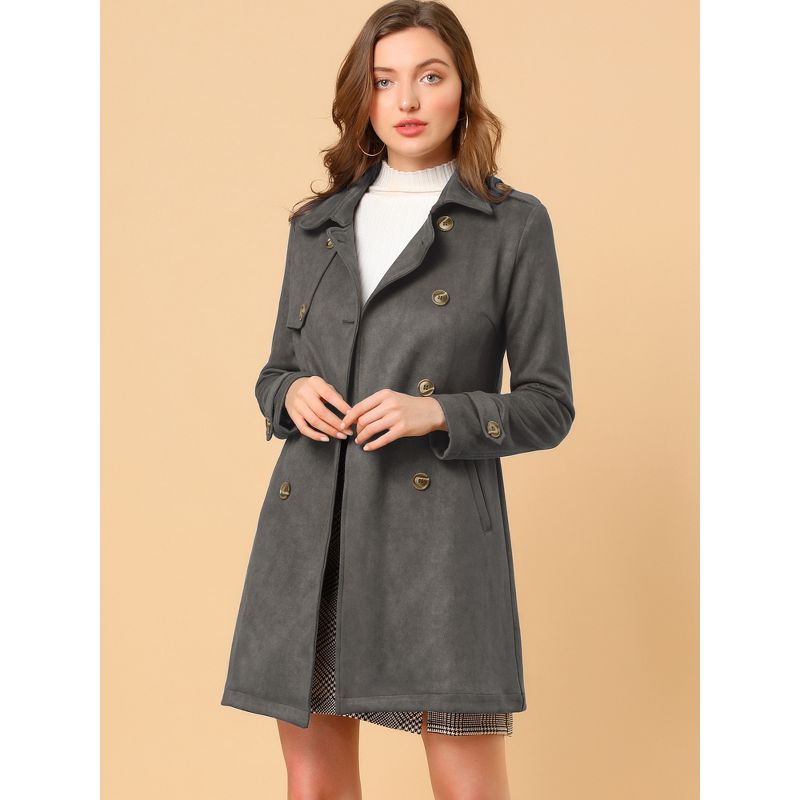Allegra K Women's Notched Lapel Double Breasted Faux Suede Trench Coat with Belt, 4 of 8
