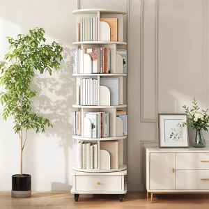 Gulches 6-Tier 360¡ã Rotating Bookshelf with Drawer & Wheels - Space-Saving Round Spinning Tower, Warm White Storage - 1 of 4