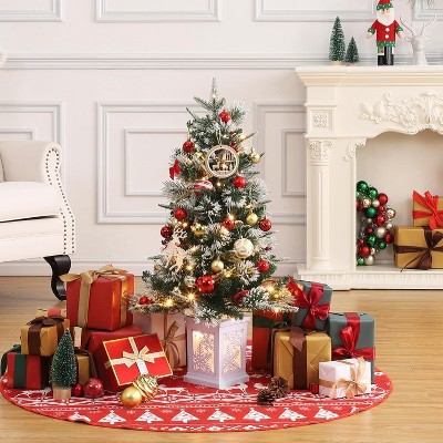 3ft Artificial Christmas Tree w/ Warm White Led Lights, Pre-Lit Christmas Tree w/Snowflakes and Red Berries, Christmas Tree with Base