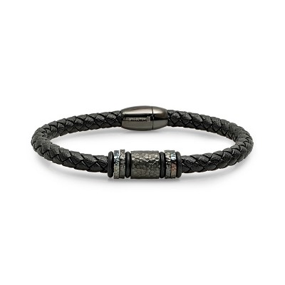 Steeltime Men's black braided bracelet with black ip stainless steel hammered accent