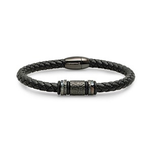Steeltime Men's black braided bracelet with black ip stainless steel hammered accent - 1 of 4