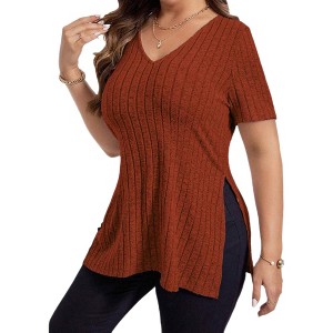 Womens Plus Size Tops Casual V Neck Short Sleeve Shirts Split Hem Blouses - 1 of 4