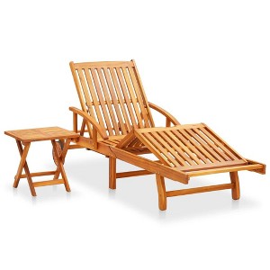 vidaXL Solid Acacia Wood Patio Sun Lounger with Table and Adjustable Backrest/Footrest, Includes Comfortable Grey Cushion - 1 of 4