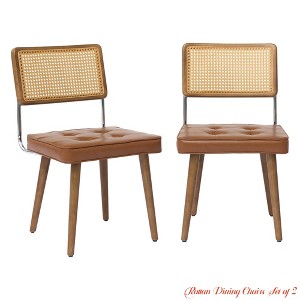 Rattan Dining Chairs Set of 2, Velvet Upholstered Kitchen Chairs w/ Woven Cane Back & Wooden Legs, Farmhouse Armless Dining Room Seat - 1 of 4