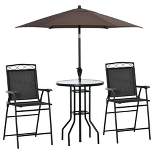 Outsunny 4 Piece Patio Bar Set for 2 with 6' Adjustable Tilt Umbrella, Outdoor Bistro Set with Folding Chairs & Glass Round Dining Table, Black